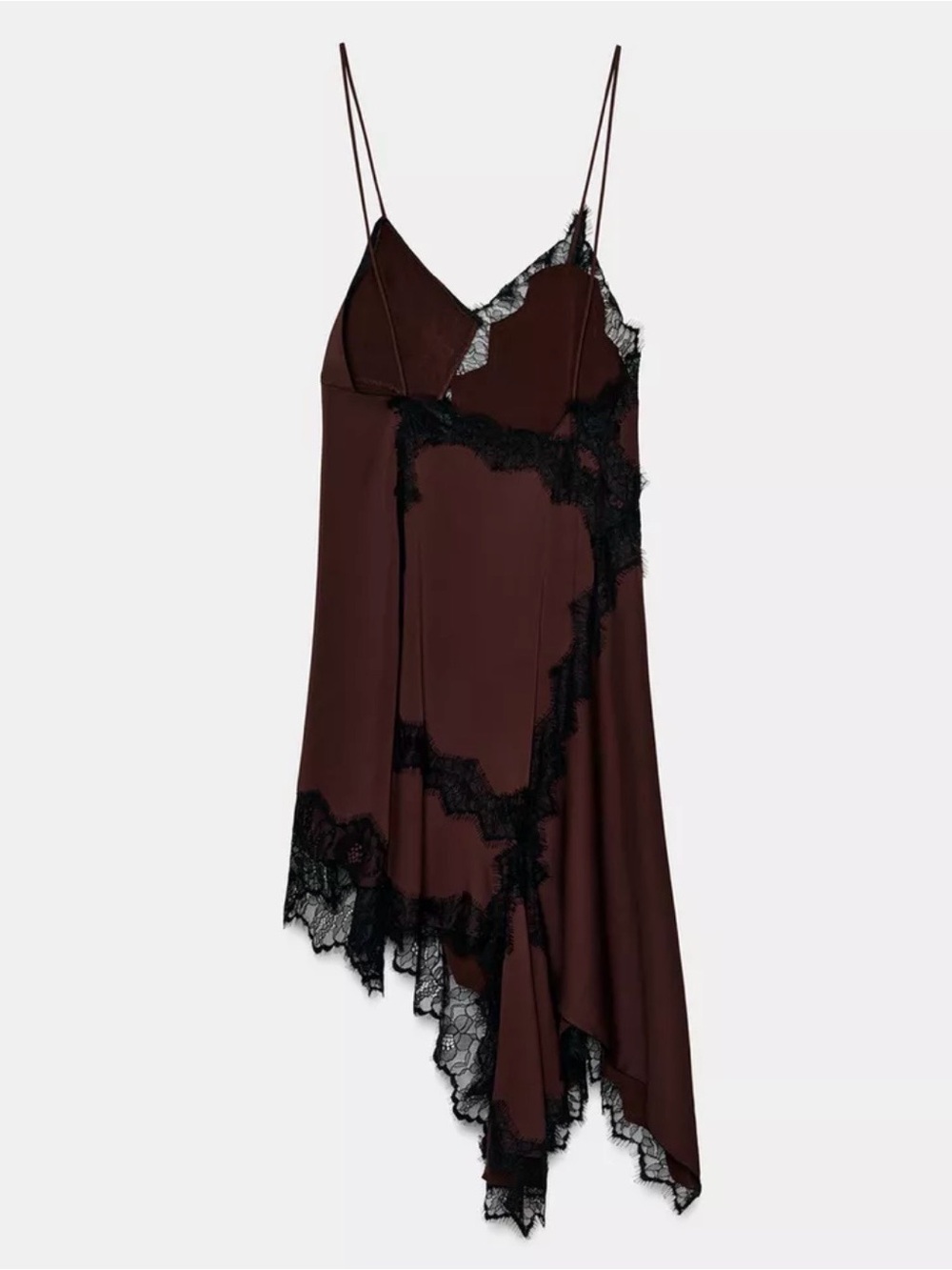 Zara Lace Trim Asymmetric Cami Dress Brown Black Size M NWT Viscose - Picture 6 of 8